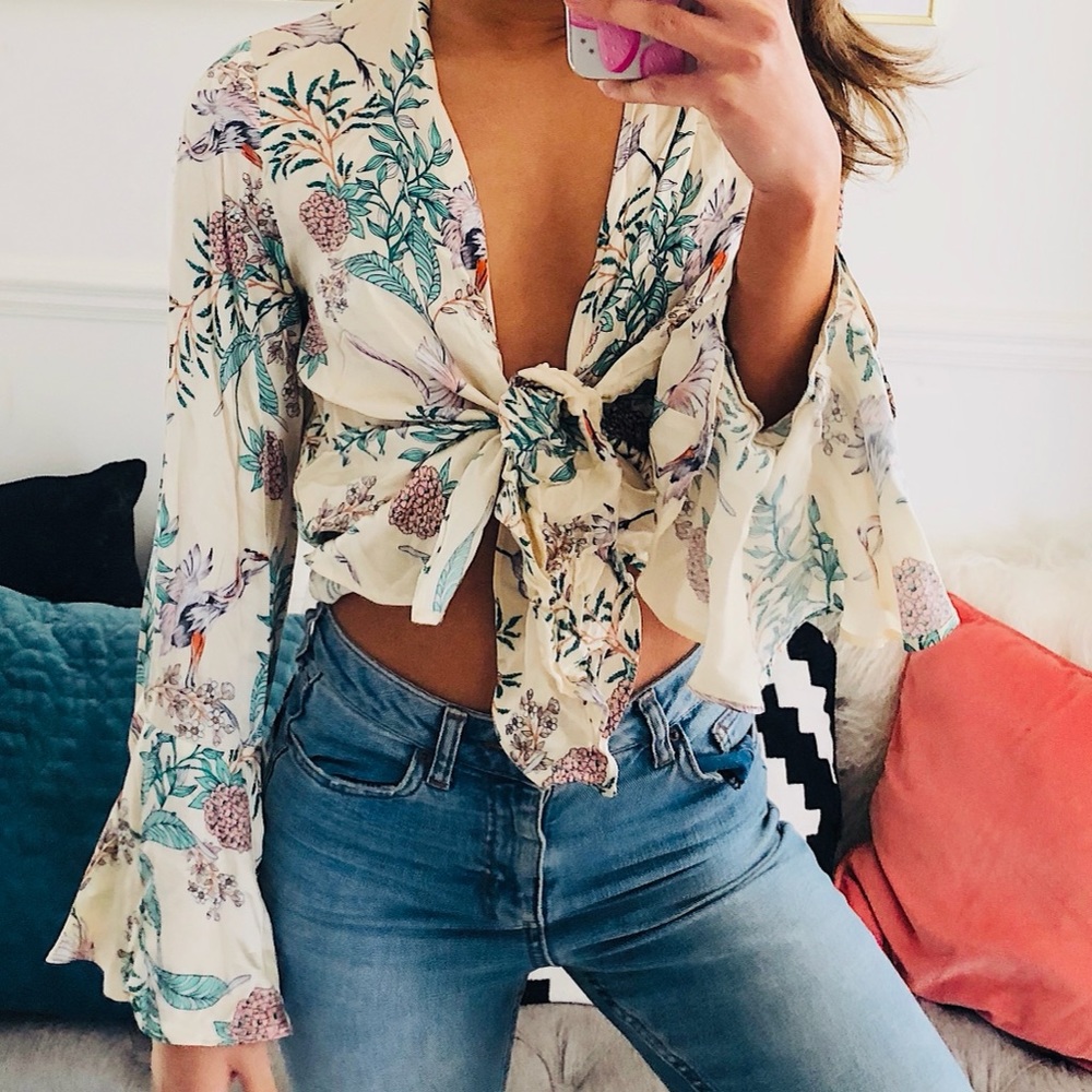 Zara Woman Cream Crane Oriental Floral Printed Front Tie Bell Sleeve Top